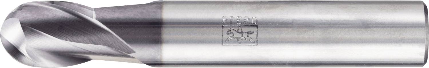 Ein Fräswerkzeug aus Silbermetall mit einer spiralförmigen, abgerundeten Schneidkante, das für präzise Bearbeitungen bei Fräsoperationen verwendet wird.