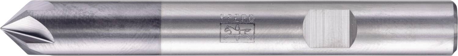 Ein konischer Metallwerkzeugschaft mit einer scharfen Spitze und einem gravierten Logo nahe der Basis, der für Präzisionsbohr- oder Bearbeitungsaufgaben verwendet wird.
