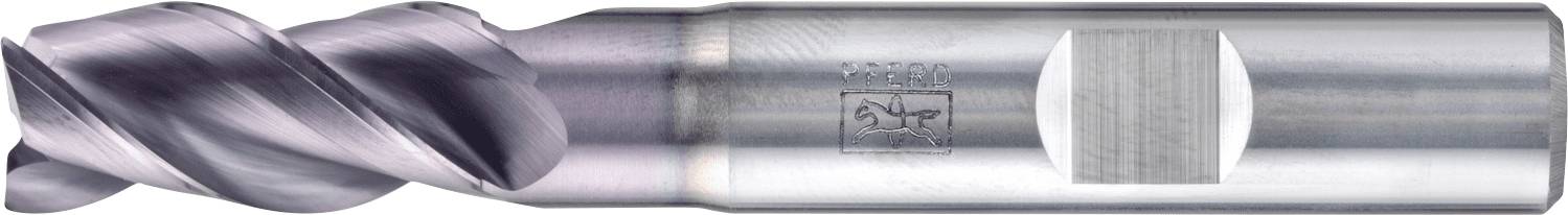 Eine Metallfräser mit einer Spiralschneidgeometrie, die zum Bearbeiten verwendet wird. Er verfügt über einen zylindrischen Schaft zur Befestigung an Fräsmaschinen.