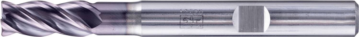 Eine Metallfräser mit spiralförmigem Schneiddesign, die für Bearbeitungsanwendungen verwendet wird, liegt horizontal vor einem weißen Hintergrund.