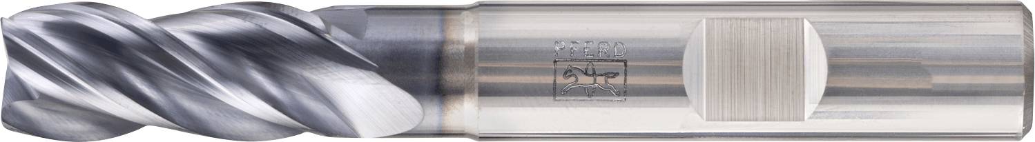 Ein Metallfräser mit spiralförmigen Nuten, entwickelt für Zerspanungsprozesse. Das Werkzeug ist zylindrisch mit gravierten Markierungen an der Seite.