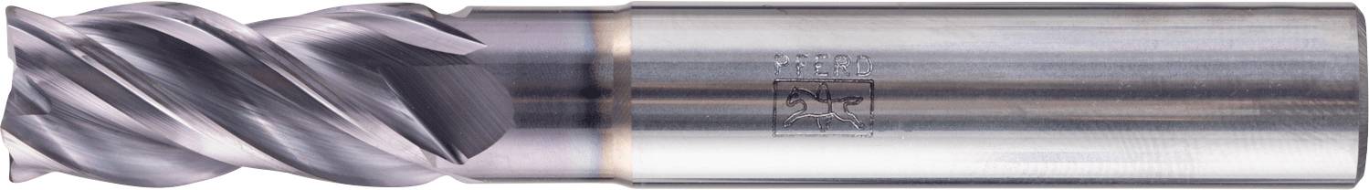 Eine Hartmetall-Schaftfräser mit Schrägnutendesign, die für Präzisionsbearbeitungen in spanenden Fertigungsverfahren verwendet wird. Das Werkzeug ist metallisch mit einer glänzenden Oberfläche.