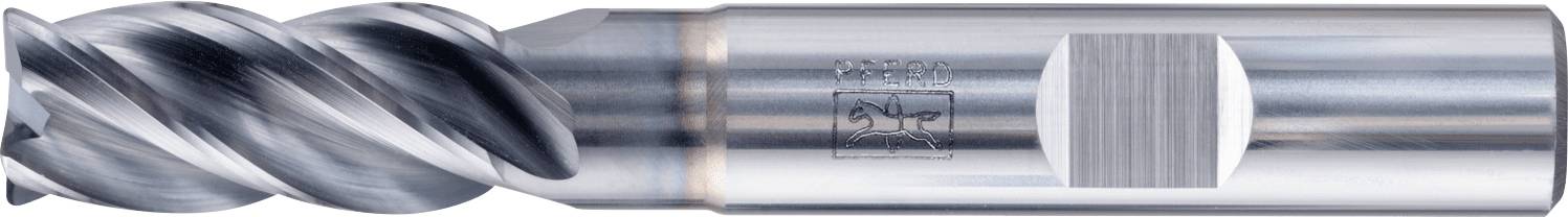 Eine Nahaufnahme eines Spiralwendelfräsers, der seine metallischen Schneidklingen und den zylindrischen Schaft zeigt. Wird in der Bearbeitung zum Schneiden und Formen von Materialien verwendet.