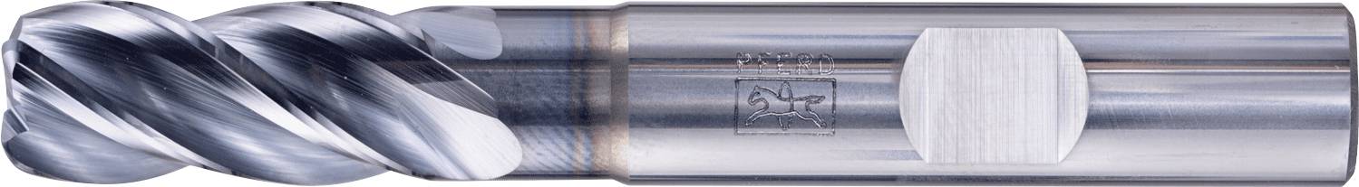 Ein silberner, spiralrilliger Schneidwerkzeug, der zum Fräsen konzipiert ist, mit einem zylindrischen Schaft, verwendet zum Bearbeiten fester Materialien wie Metall oder Holz.