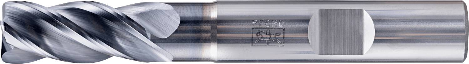 Eine Nahaufnahme eines glänzenden Metallfräsers mit Spiralrillen, die seine zylindrische Gestalt und Schneidkanten zeigt, die bei Bearbeitungsprozessen verwendet werden.