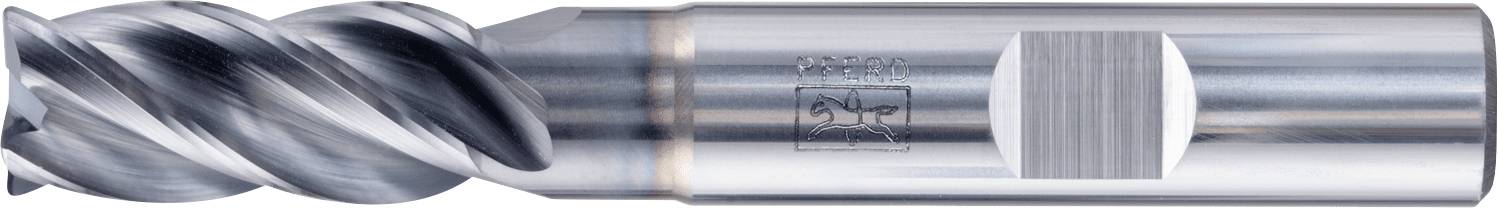 Ein silberner Spiralwendelfräser mit gravierten Markierungen am Schaft, der bei Maschinenbearbeitungen zum Schneiden oder Formen von Materialien verwendet wird.