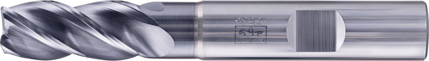 Eine Nahaufnahme eines massiven Metallfräsers mit Spiralnut, der zum Bearbeiten verwendet wird und dessen glänzende, glatte Oberfläche und scharfe Kanten zu sehen sind.