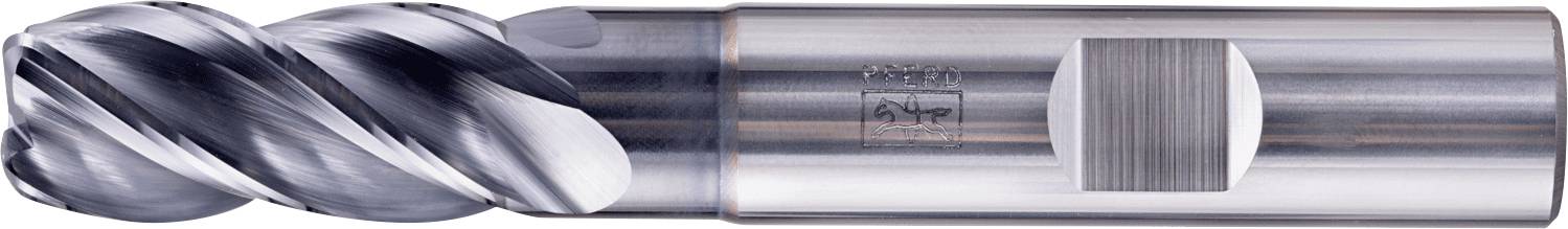 Eine Nahaufnahme eines silbernen Metallfräsers mit spiralförmigen Schneidkanten, der üblicherweise zum Bearbeiten von Materialien verwendet wird.