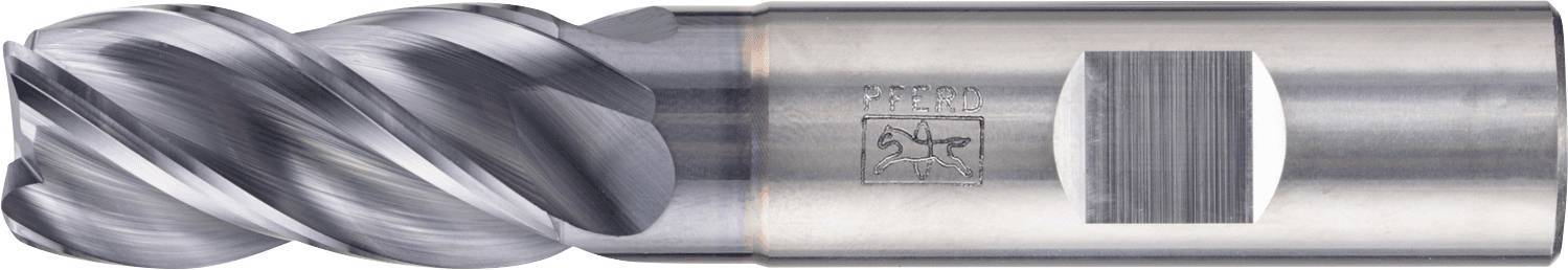 Eine Metallschaftfräse mit Spiralnutungen, die zum Schneiden und Formen von Materialien in Bearbeitungsprozessen verwendet wird. Das Werkzeug hat einen glänzenden, metallischen Finish.