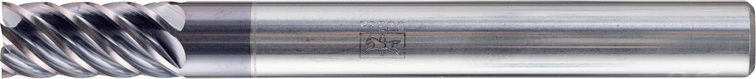 Ein Nahaufnahmebild eines metallfarbenen zylindrischen Werkzeugs mit Spiralrillen an einem Ende, möglicherweise ein Bohrer oder eine Stirnfräser, auf einem einfarbigen Hintergrund.