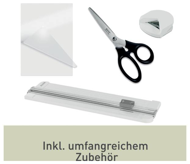 Schere, Eckenrundmesser und Papierschneidegerät mit Messanleitung, beworben als 'Inkl. umfangreichem Zubehör'