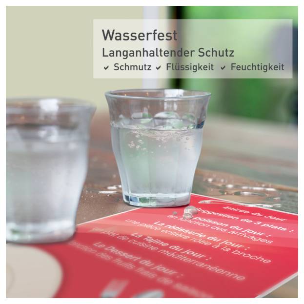 Zwei Wassergläser auf einem Tisch. Hintergrundtext in deutscher Sprache lautet: 'Wasserfest, Langanhaltender Schutz, Schmutz, Flüssigkeit, Feuchtigkeit'.