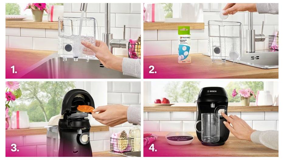 Ein Vier-Schritt-Prozess zeigt das Zubereiten eines Getränks: 1. Wassertank füllen. 2. Milchkapsel einsetzen. 3. Tasse unter die Maschine stellen. 4. Taste zum Brühen drücken.