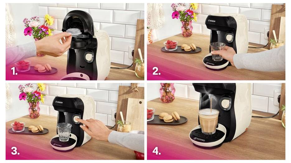 Vier-Schritte-Prozess zur Zubereitung von Kaffee mit einer Maschine: 1. Kapsel einsetzen. 2. Tasse platzieren. 3. Taste drücken. 4. Kaffee füllt die Tasse.