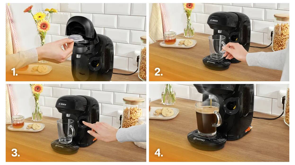 Vier Schritte, um Kaffee mit einer Kaffeemaschine zuzubereiten: 1. Kapsel einsetzen. 2. Tasse unter die Ausgussöffnung stellen. 3. Taste zum Starten drücken. 4. Kaffee wird in die Tasse ausgegeben.