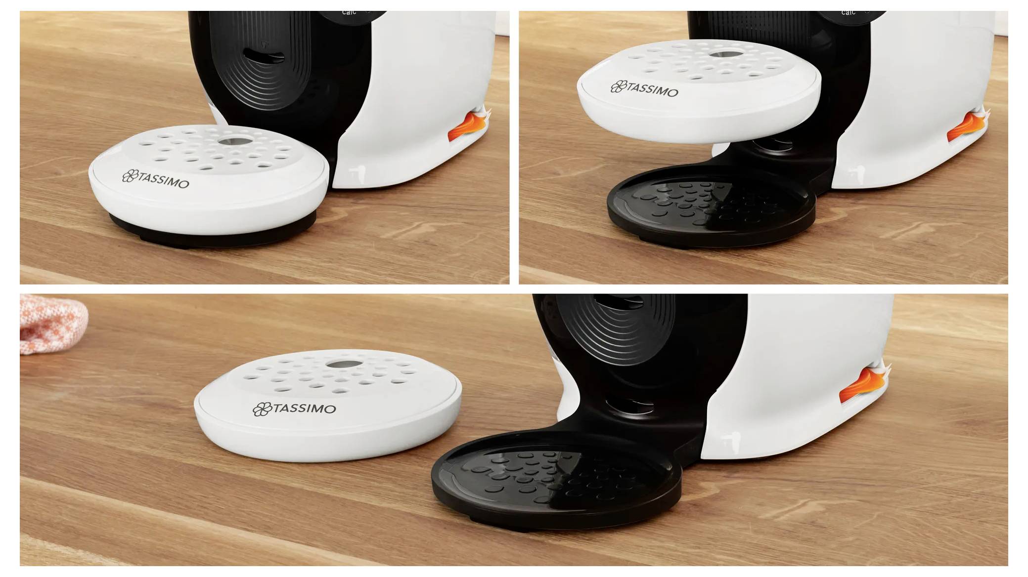 Ein weißer Kaffeemaschine mit einem verstellbaren Abtropfgitter in drei Positionen: links, rechts und unten. Das Markenlabel 'Tassimo' ist sichtbar.