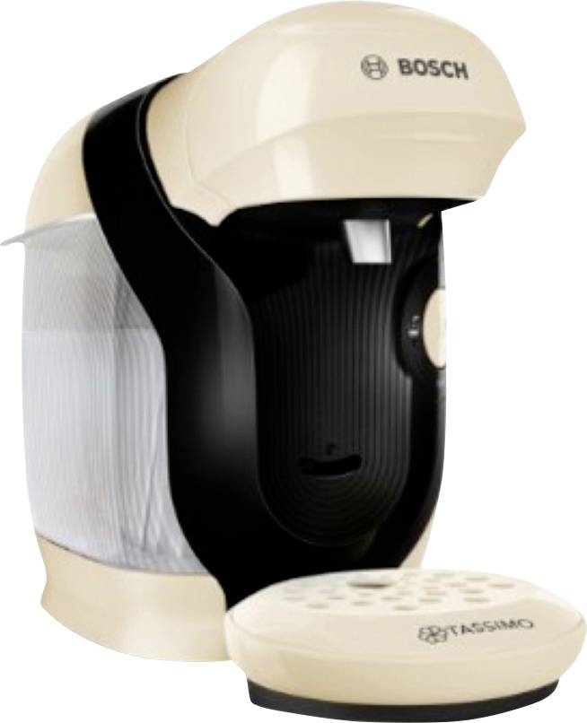 Bosch Tassimo Kaffeemaschine mit schwarzer Front und cremefarbenen Seiten, ausgestattet mit einem Kapselhalter und Abtropfbrett zum Zubereiten von Getränken.
