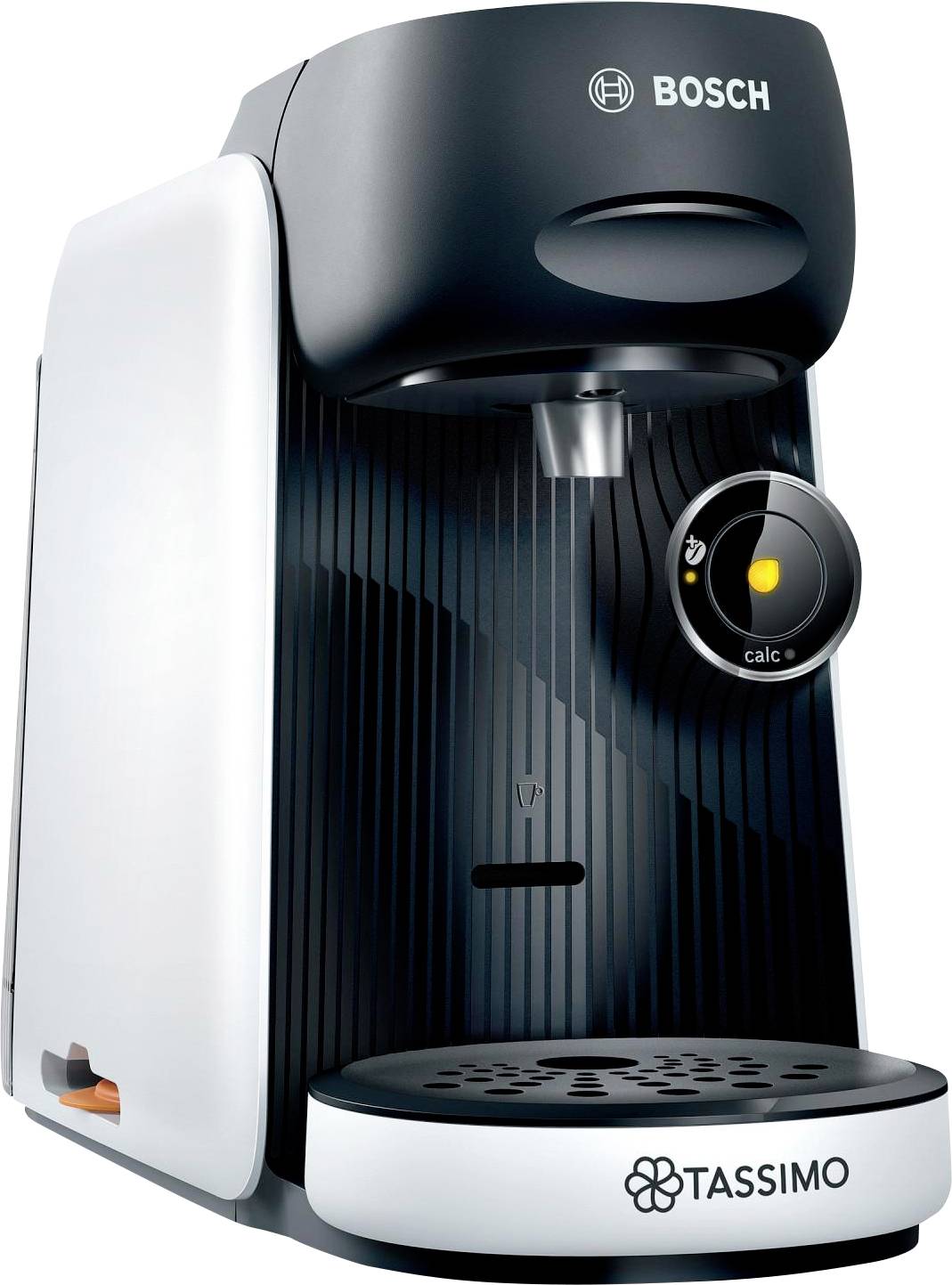 Eine Bosch Tassimo Kaffeemaschine für einzelne Portionen mit einem eleganten schwarz-weißen Design. Die Front zeigt das Bosch-Logo und den Kaffeekapselspender.