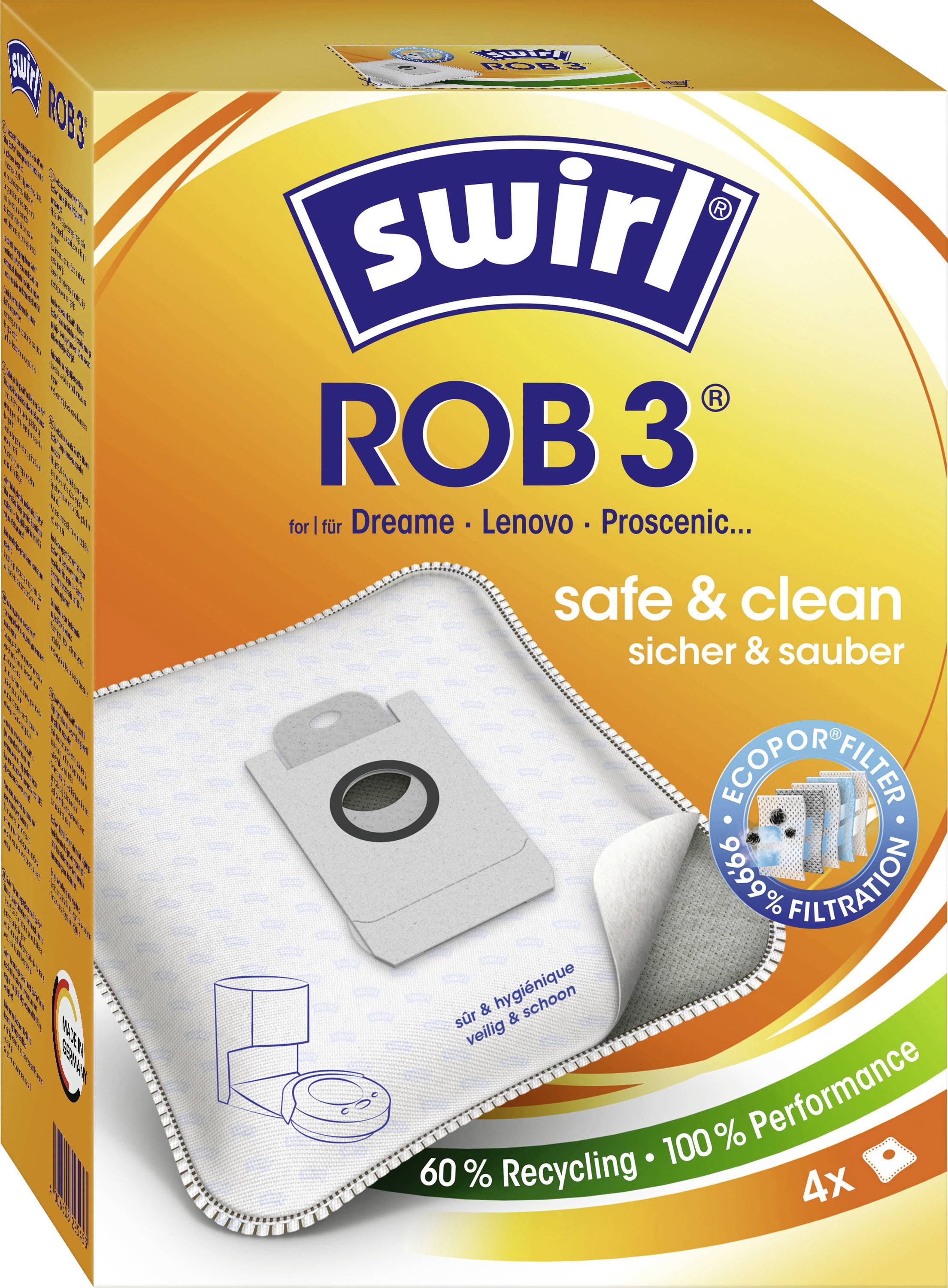 'Swirl ROB 3' Staubsaugerbeutel-Packung. Highlights beinhalten 'sicher & sauber', '60% Recycling', '100% Leistung' und vier Beutel pro Packung.