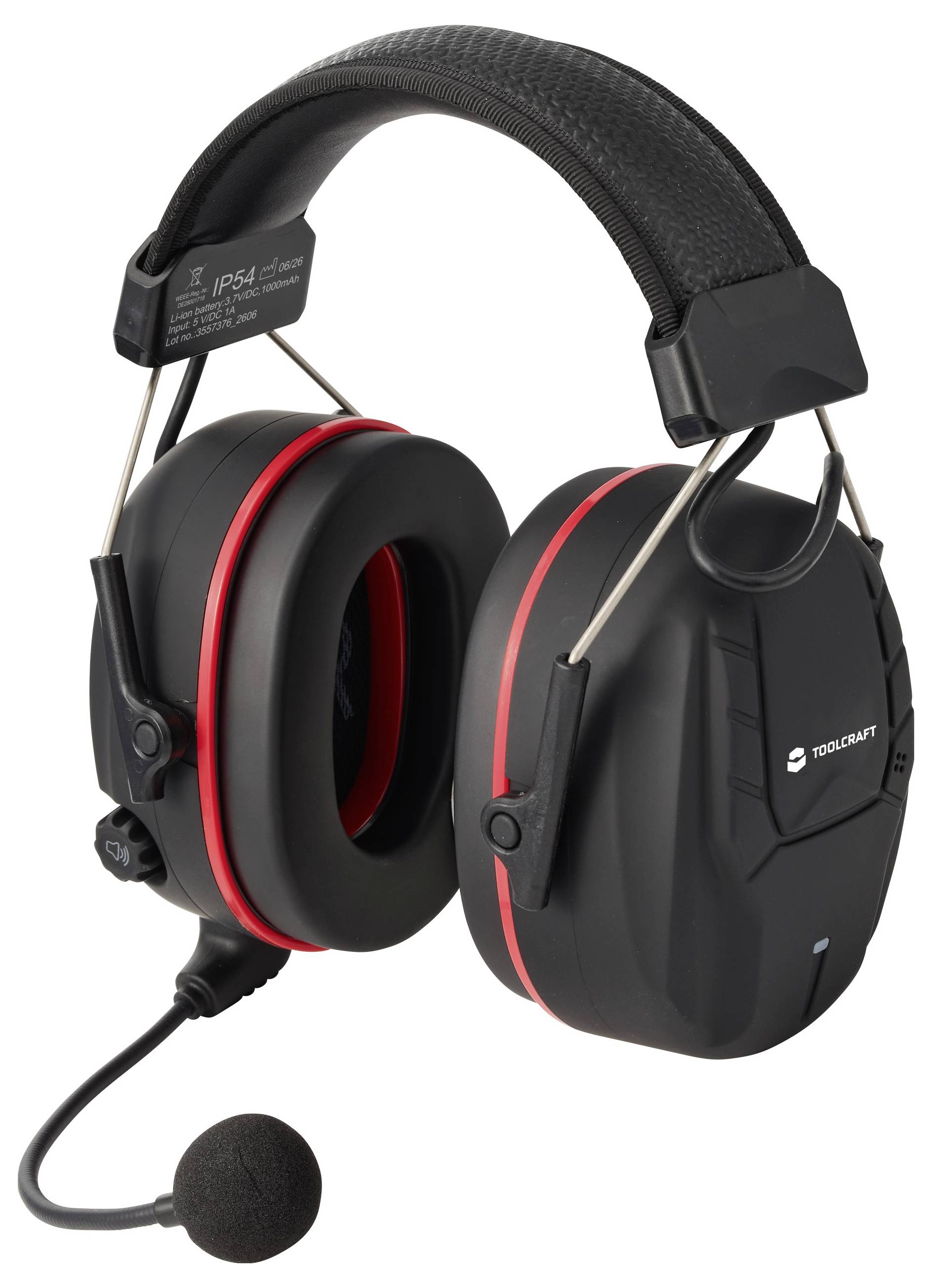 Schwarzes Over-Ear-Gehörschutz-Kopfhörer mit rotem Rand und angebrachtem Mikrofon-Arm auf weißem Hintergrund.