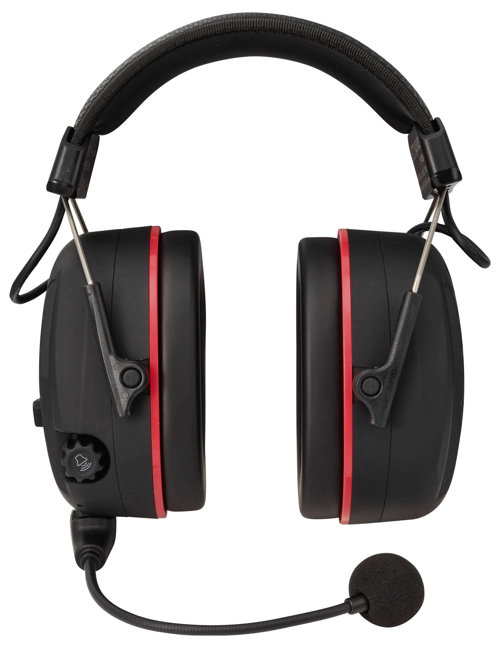 Schwarzes Over-Ear-Headset mit Boom-Mikrofon und roten Akzentstreifen, auf weißem Hintergrund dargestellt.