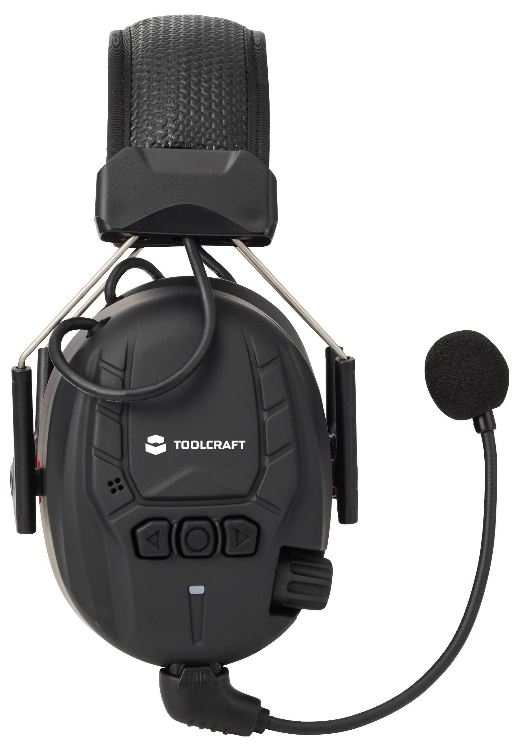Schwarzes Toolcraft Over-Ear-Headset mit angebautem Boom-Mikrofon, gezeigt auf einfachem weißem Hintergrund.