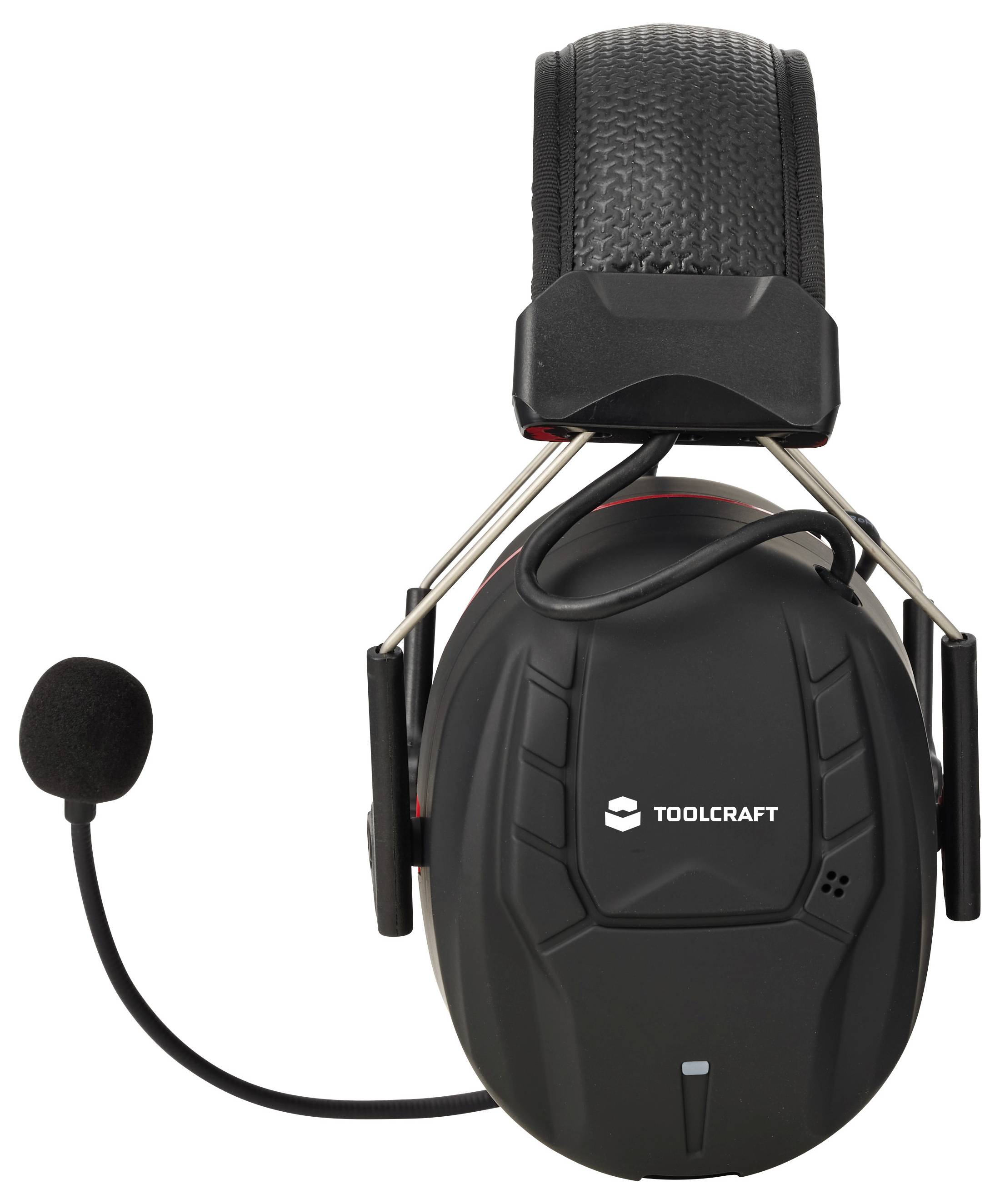 Schwarzes Over-Ear-Gaming-Headset mit Boom-Mikrofon auf weißem Hintergrund, das das Toolcraft-Logo zeigt.