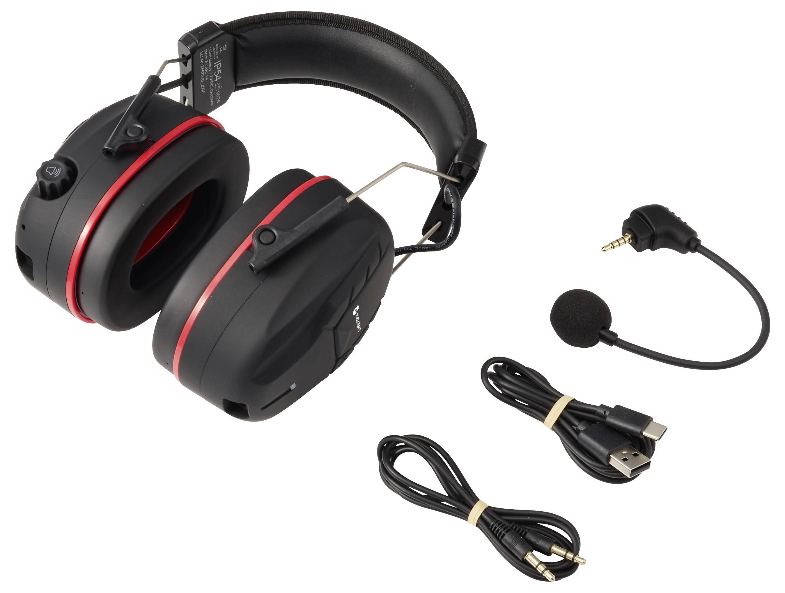 Schwarzes Over-Ear-Headset mit rotem Trim, Boom-Mikrofon, abnehmbares Audiokabel und 3,5-mm-Anschluss auf weißem Hintergrund