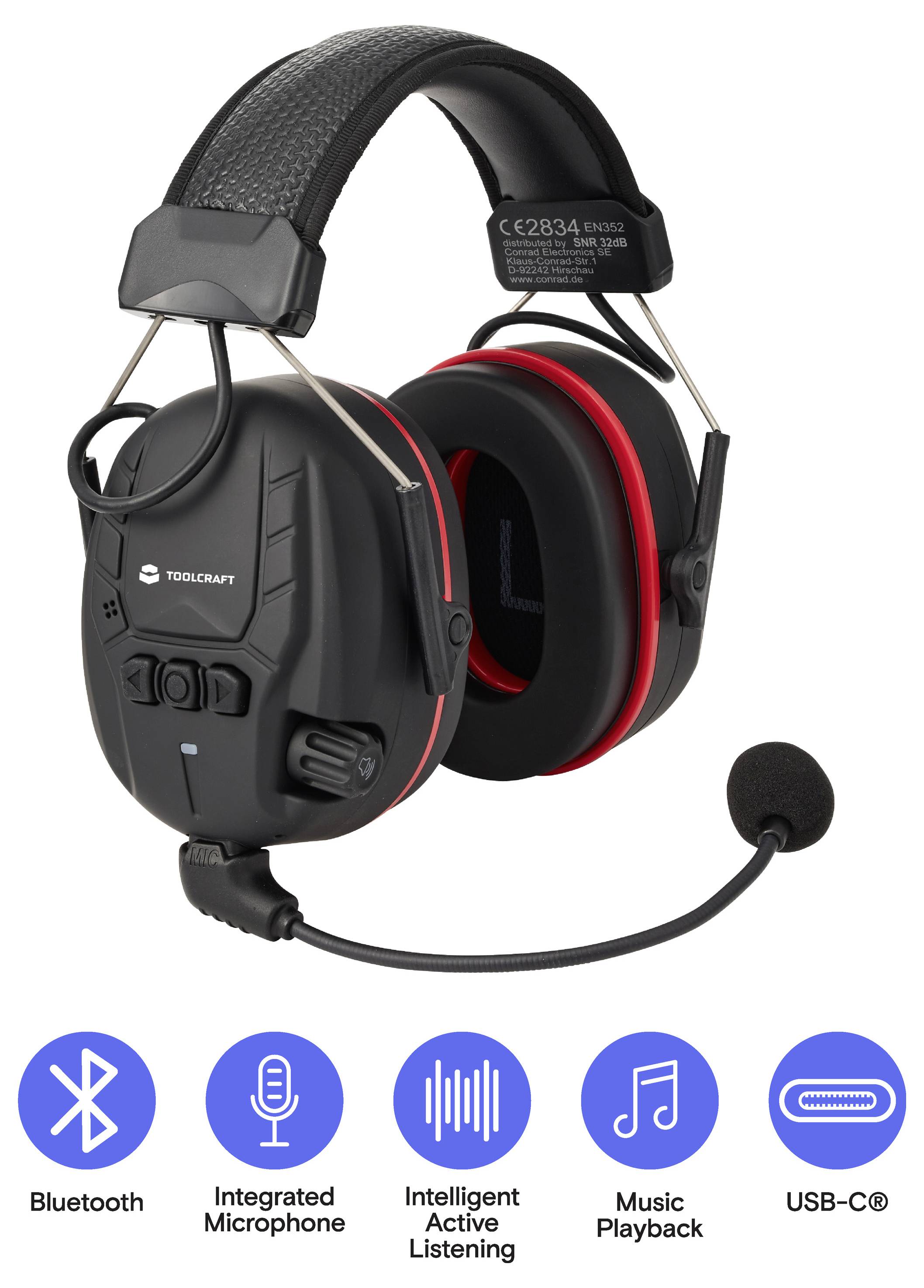 Schwarzes Over-Ear-Bluetooth-Gehörschutz-Headset mit Boom-Mikrofon, das Symbole für integriertes Mikrofon, aktives Abhören, Musikwiedergabe und USB-C-Ladung anzeigt.