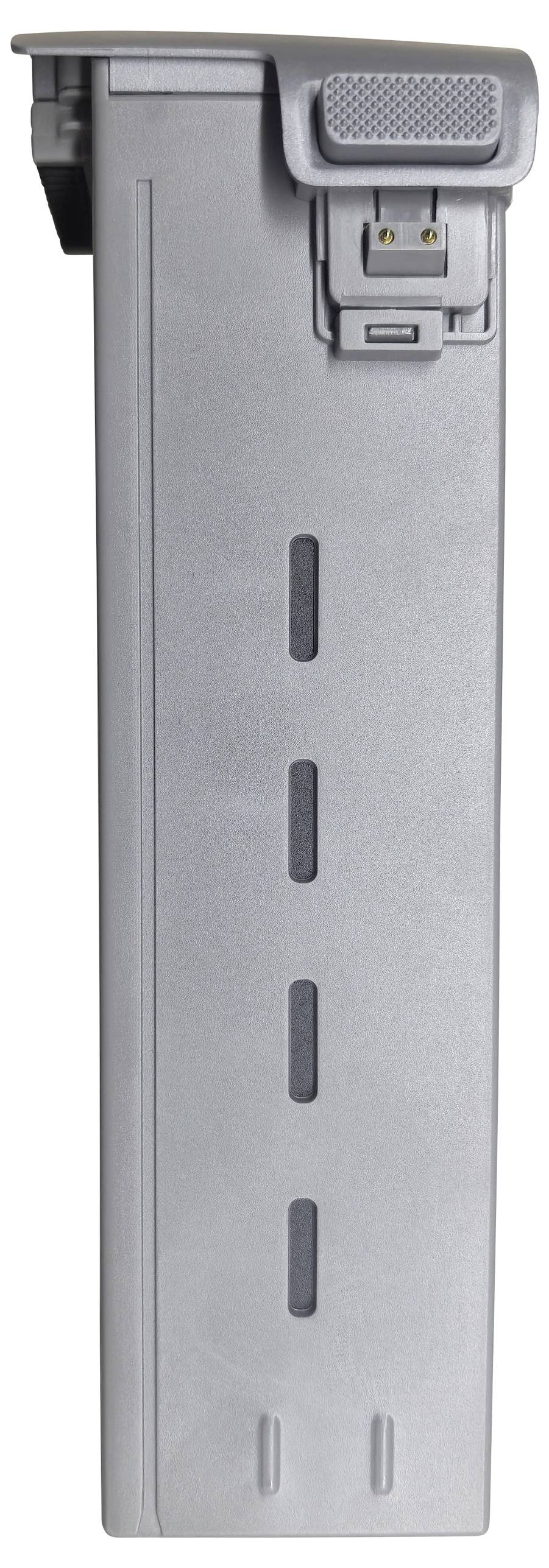 Ein grauer rechteckiger Batteriepack aus Kunststoff mit einer Klammer oben und Lüftungsschlitzen an der Seite.