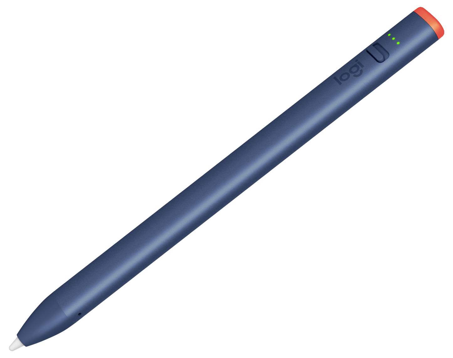 Ein blauer Stylus-Stift mit einer roten Spitze und einer kleinen grünen Anzeigelampe, der zum Navigieren von Touchscreens und digitalen Zeichnen verwendet wird.