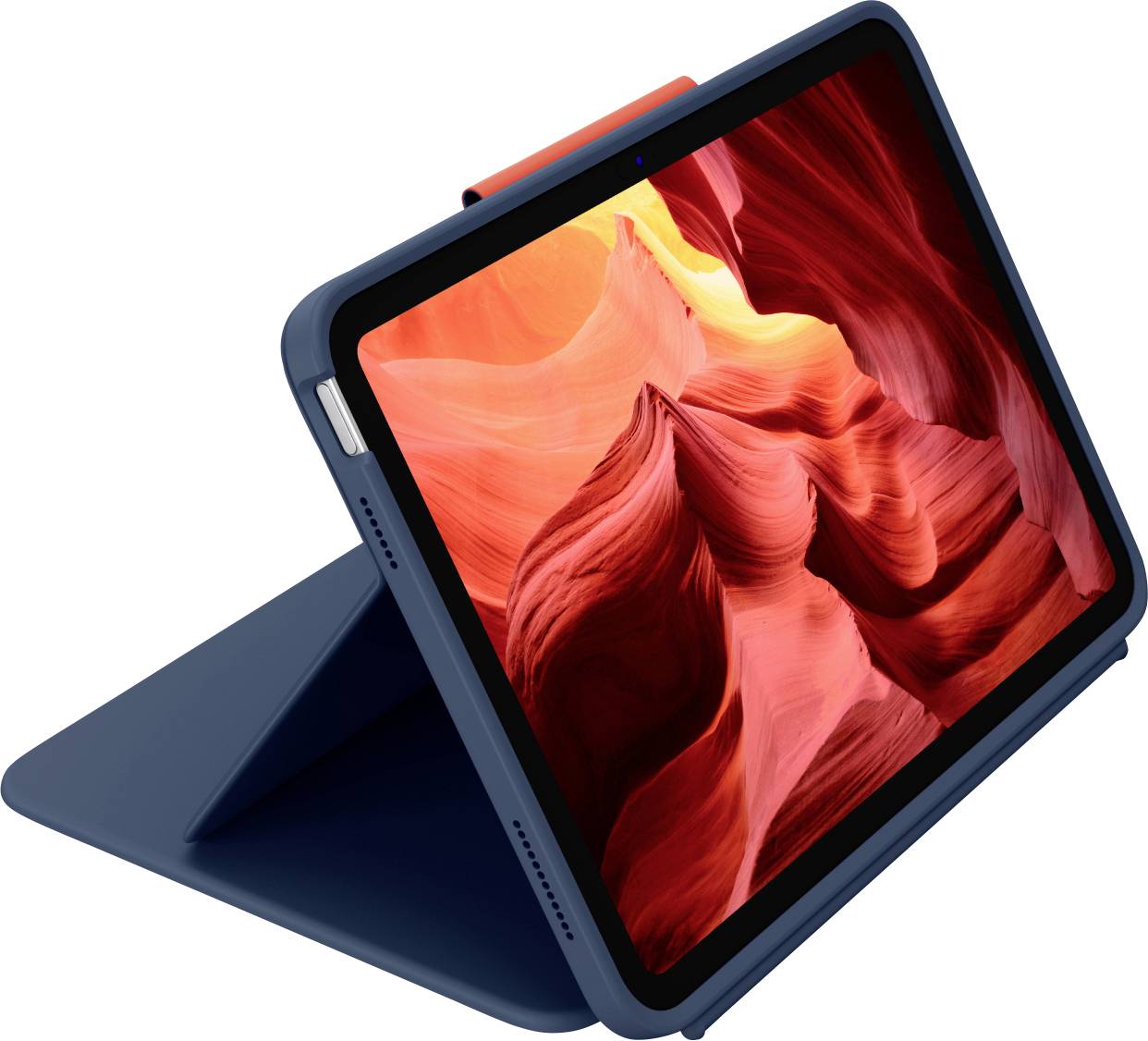 Ein Tablet in einem blauen Gehäuse zeigt ein leuchtendes Bild einer roten Felsschlucht auf seinem Bildschirm, das auf einem Ständer zur Ansicht platziert ist.