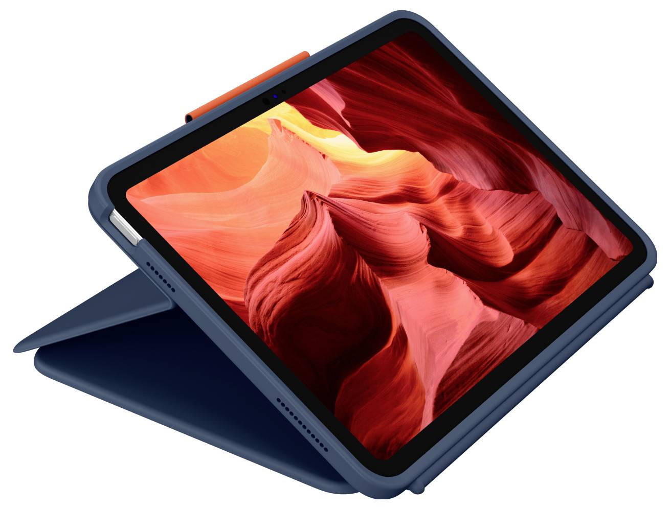 Ein Tablet mit einem robusten blauen Gehäuse, auf dessen Bildschirm ein lebendiges rot-orangefarbenes abstraktes Bild zu sehen ist, das in einer geneigten Position steht.