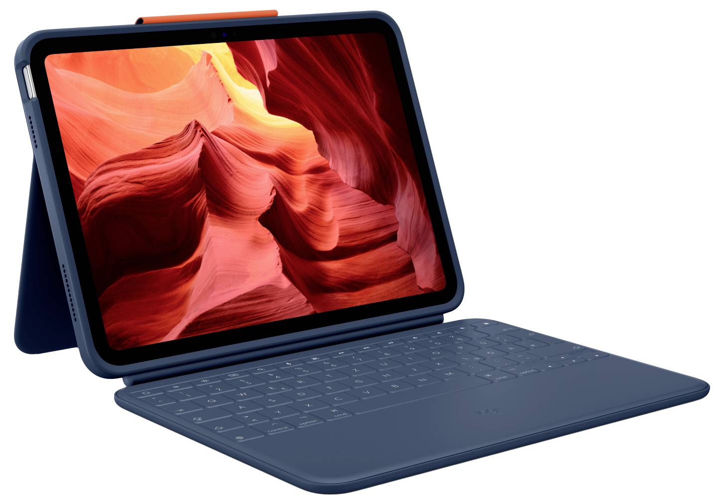 Ein Tablet mit einem lebendigen Bild einer roten Schlucht auf dem Bildschirm, angeschlossen an eine blaue Tastatur, schräg geöffnet.