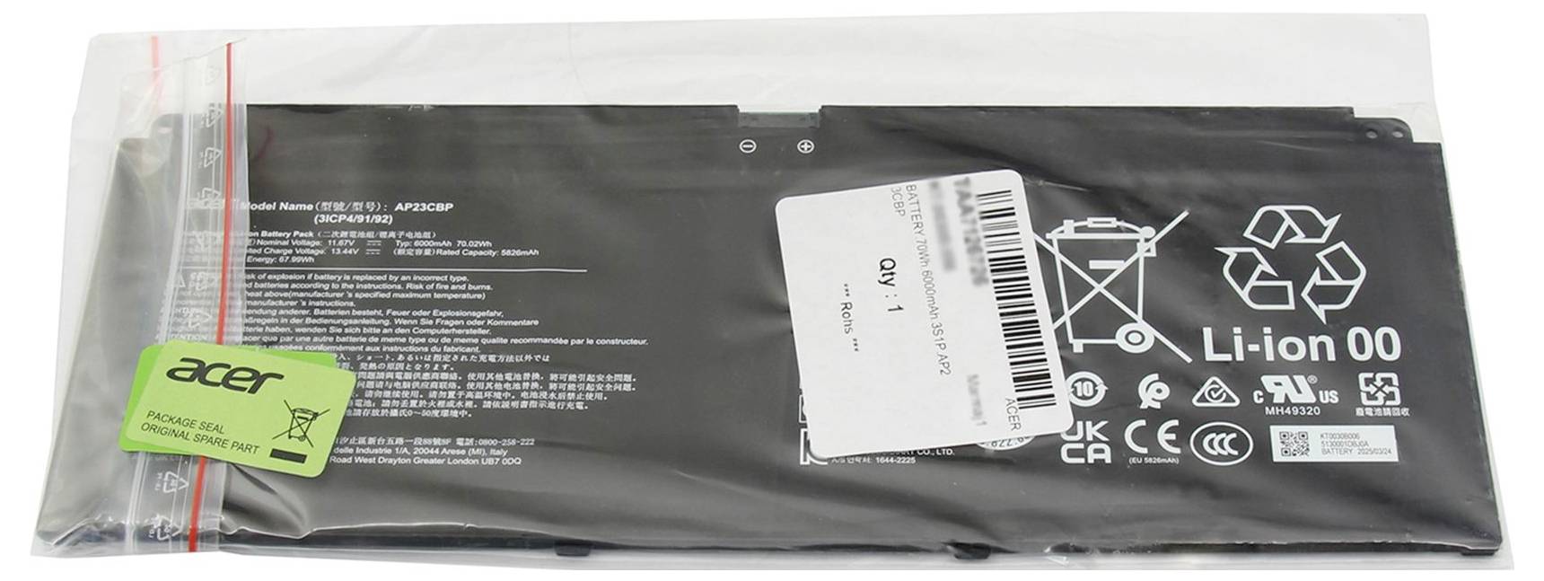 Acer Laptop-Akku-Verpackung mit Anweisungen und Recycling-Symbolen. Das Etikett enthält Produktdetails und Konformitätslogos.