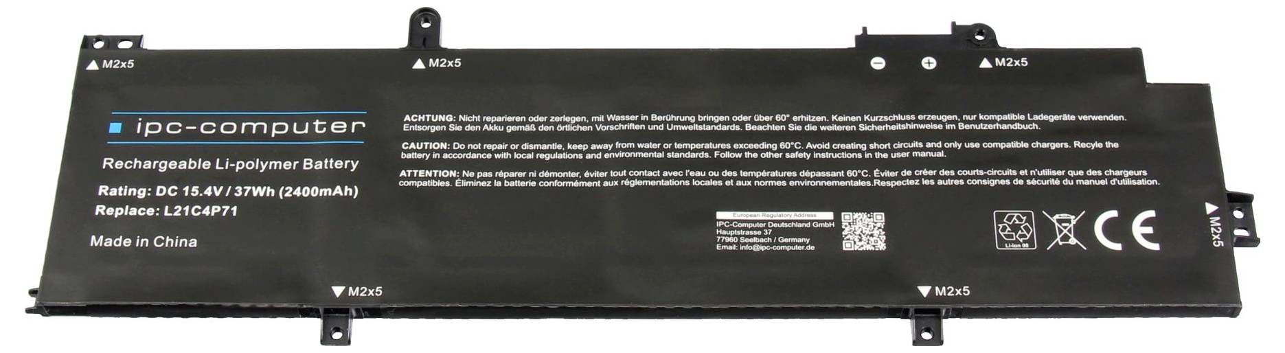 'ipc-computer Aufladbare Li-Polymer-Batterie; Bewertung: DC 11,4V/37Wh (4400mAh); Ersatz: L14C4P71; Hergestellt in China.' Warnhinweistexte und -symbole vorhanden.