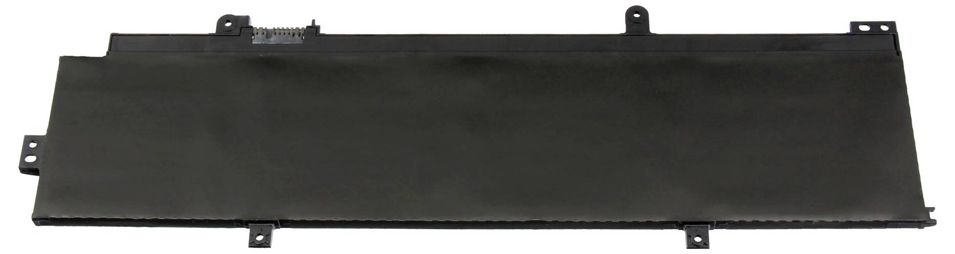 Eine schwarze rechteckige Laptop-Batterie mit Befestigungslaschen an den Kanten und einem Anschluss an einem Ende, geeignet zum Ersetzen der Stromversorgung eines Laptops.