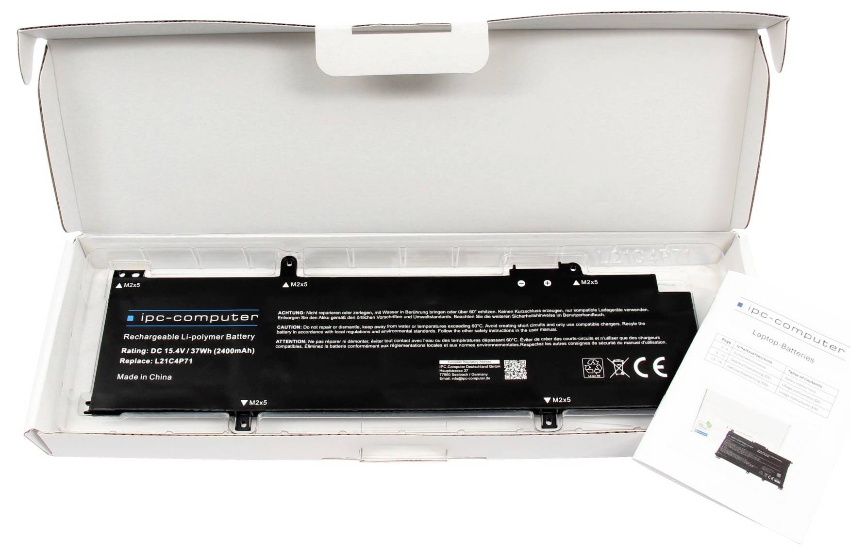 Laptop-Akku in Verpackungskarton neben der Bedienungsanleitung. Etiketten zeigen das Modell 'ipo-computer', 7,4V, 2200mAh, wiederaufladbare Li-Polymer-Batterie.