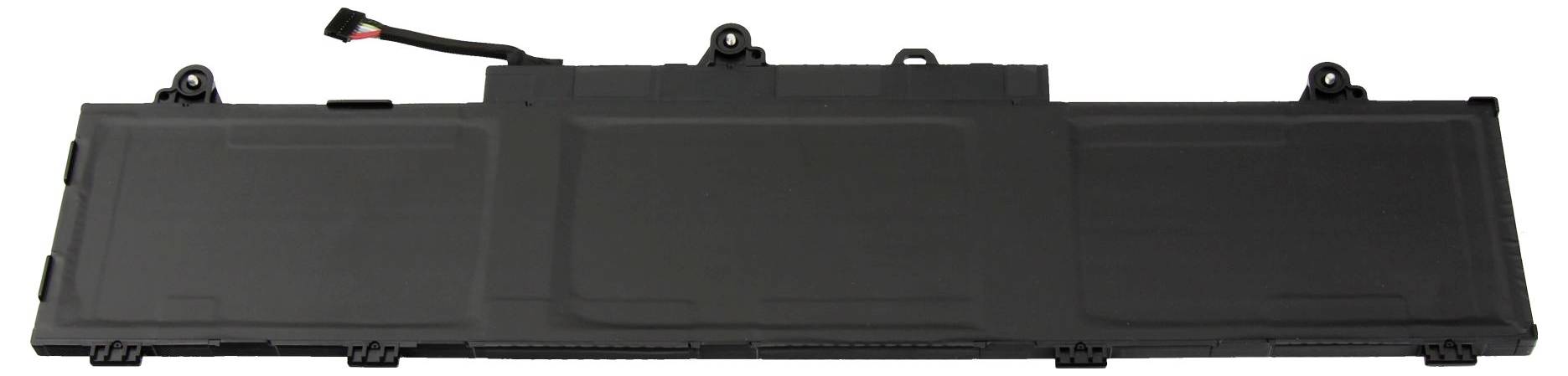 Eine rechteckige schwarze Laptop-Batterie mit einem Anschlusskabel in der oberen linken Ecke, die für die interne Installation in elektronischen Geräten konzipiert ist.