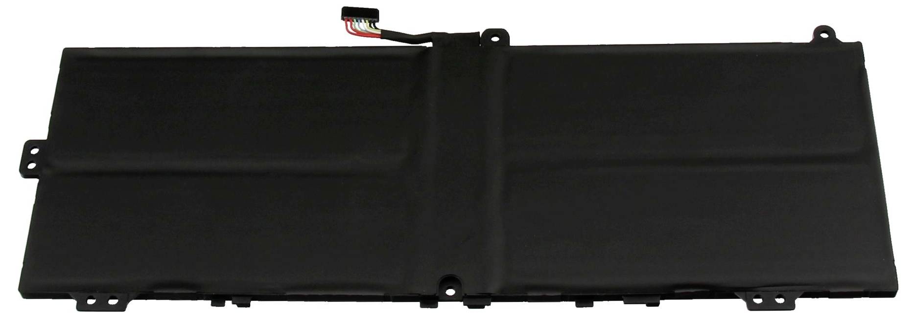 Eine flache, rechteckige schwarze Laptop-Batterie mit einem kleinen angeschlossenen Kabel an der oberen Kante.