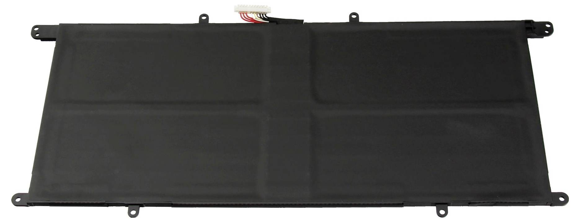 Eine rechteckige, schwarze Laptop-Batterie mit sichtbaren Verbindungskabeln oben.