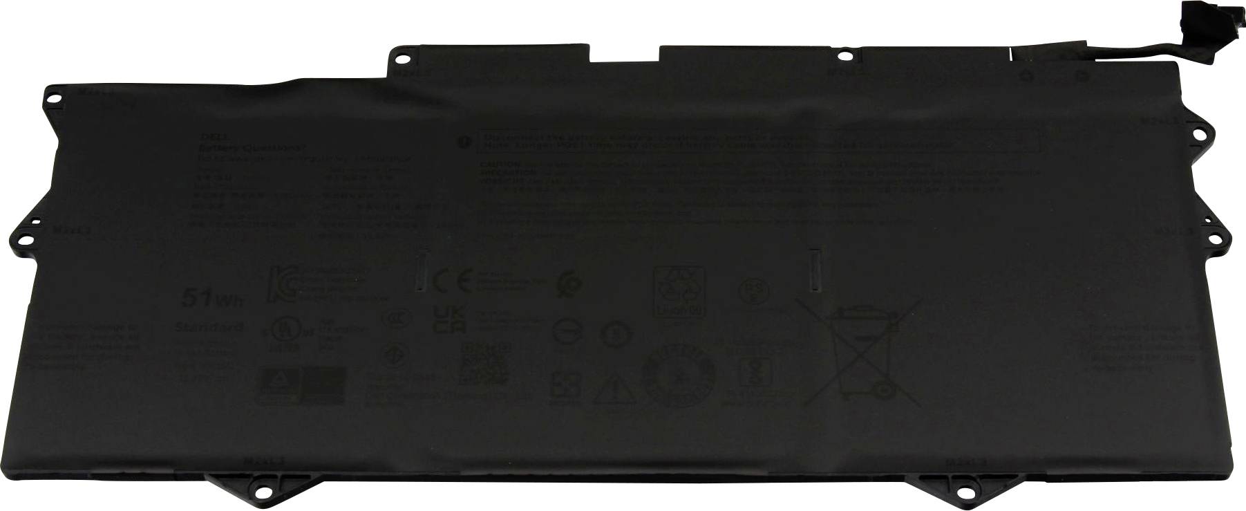 Eine rechteckige Lithium-Ionen-Laptop-Batterie mit Anschluss; schwarze Außenhülle mit aufgedruckten Spezifikationen und Sicherheitssymbolen.