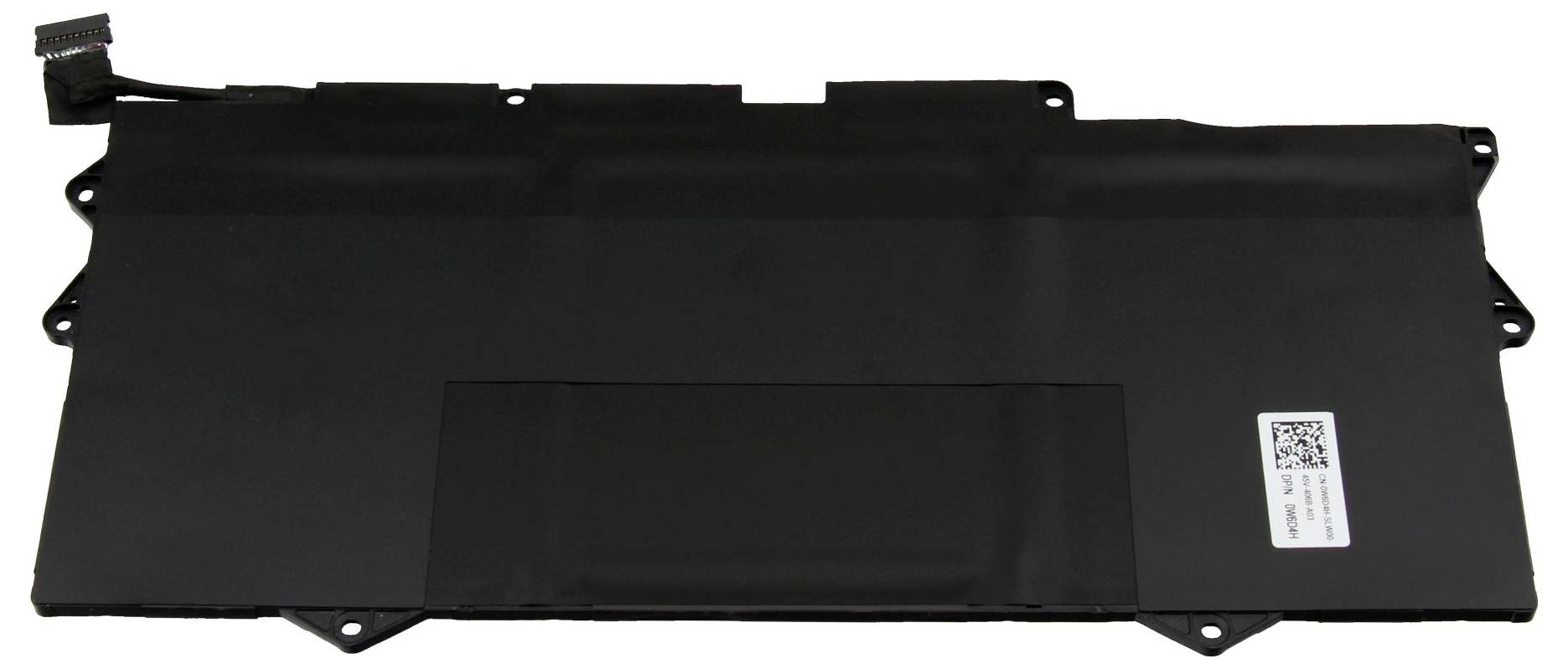 Eine flache, rechteckige schwarze Laptop-Batterie mit einem QR-Code-Aufkleber und einem Anschlusskabel an einem Ende.