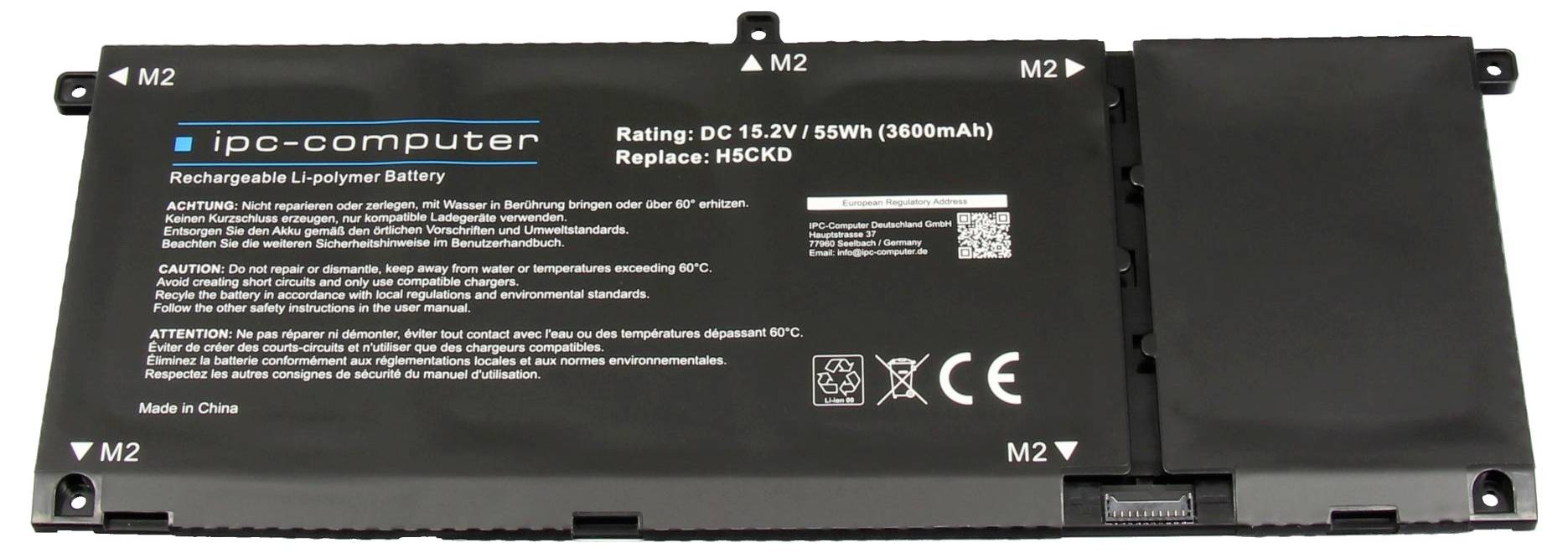 'ipc-computer' Laptop-Akku, Nennspannung 15,2V DC, 55Wh, 3600mAh, Modell HS6KD. Sicherheitswarnhinweise und Recycling-Symbole sichtbar. Hergestellt in China.