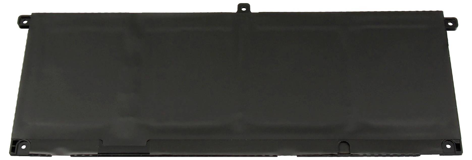 Eine schwarze rechteckige Laptop-Batterie, von oben betrachtet, mit Steckplätzen und Anschlusspunkten, die typischerweise für Ersatz oder Reparatur verwendet wird.