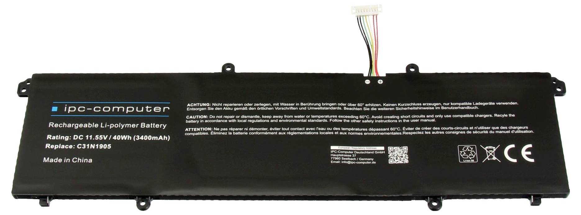 Wiederaufladbare Li-Polymer-Laptop-Batterie von ipc-computer, mit Nennspannung von 11,55V und 40Wh. Ersatz für: CS1N1805. Schwarz, mit Anschluss oben.
