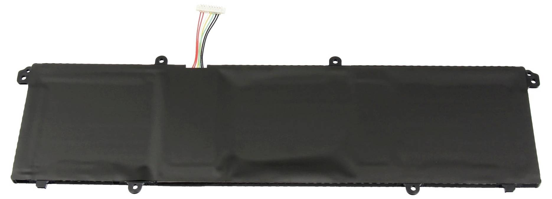 Ein rechteckiger schwarzer Laptop-Akku mit einem kleinen Anschluss an der Oberseite, der mehrere farbige Kabel aufweist.