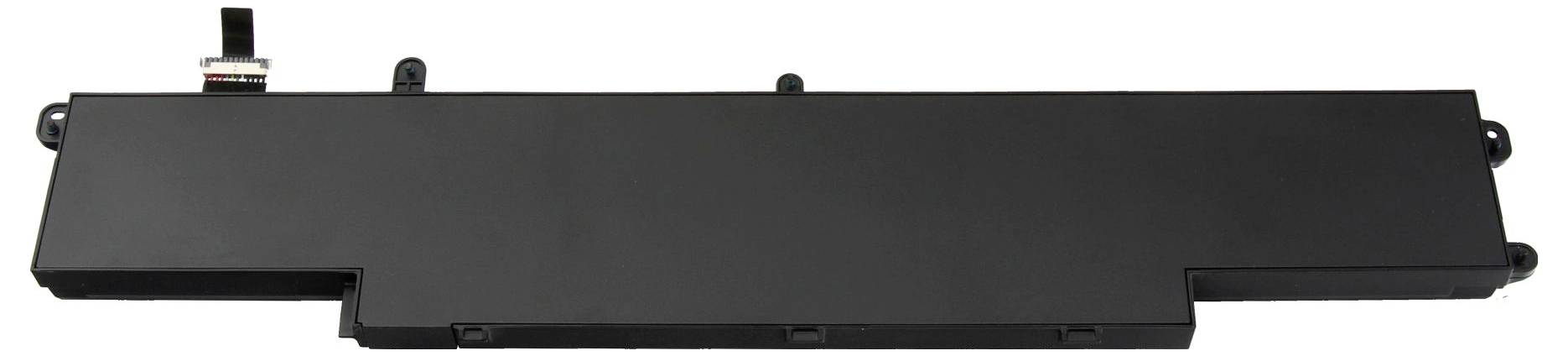 Eine schlanke, rechteckige schwarze Laptop-Batterie mit einem Verbindungskabel an der oberen linken Seite, die entwickelt wurde, um im Inneren eines Laptops zur Stromversorgung eingesetzt zu werden.