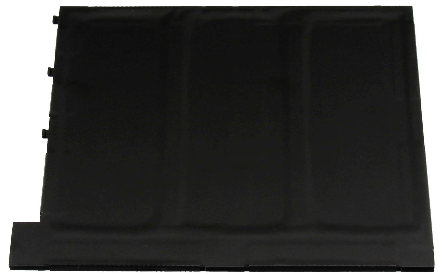 Ein flaches, rechteckiges schwarzes Objekt mit leicht strukturierter Oberfläche und vier kleinen Vorsprüngen an einer Seite.