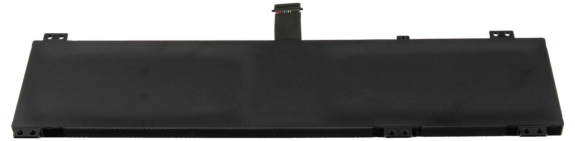 Eine schwarze Laptop-Batterie mit einem zentralen Verbindungsstecker und vier gerillten Schlitzen an den Seiten, geeignet für tragbare Computer.